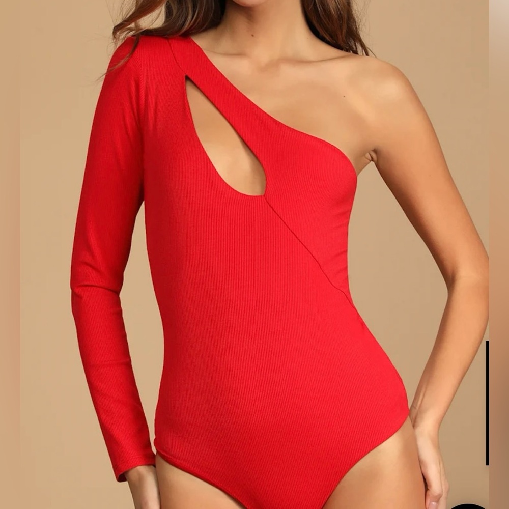Lulus Make a Slash Red Ribbed One-Shoulder‎ Long Sleeve Bodysuit XS - Picture 3 of 9